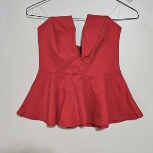 Solemio Deep V Pop Of Red Cherry Girl Sexy Strapless Red Peplum Top Sz S